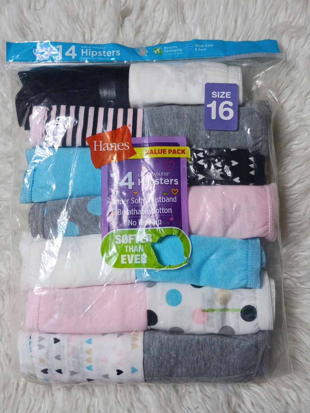 NWT Hanes Girls' Assorted Tagless Super Soft Cotton Hipsters - Size 16 (14-Pack)